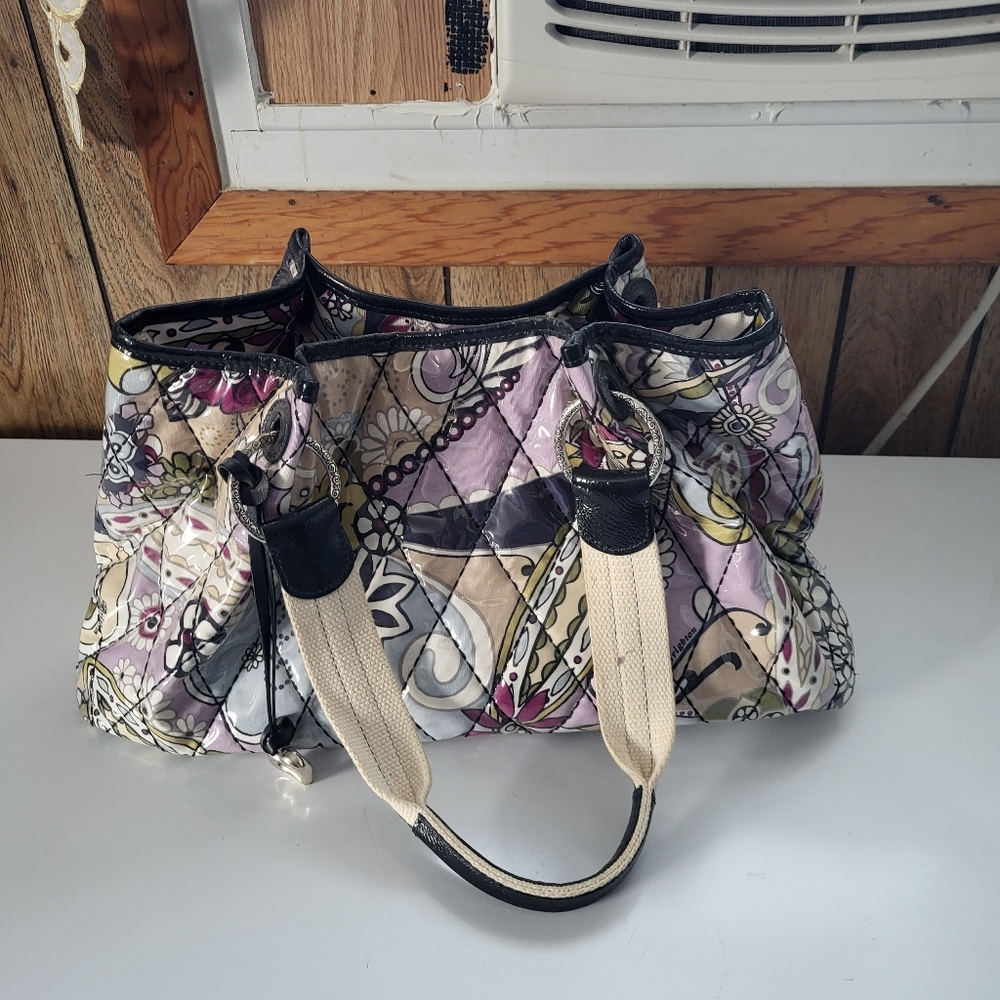 Brighton Shoulder Bag Tote Purple Floral Paisley Quilted Vinyl Leather Trim
